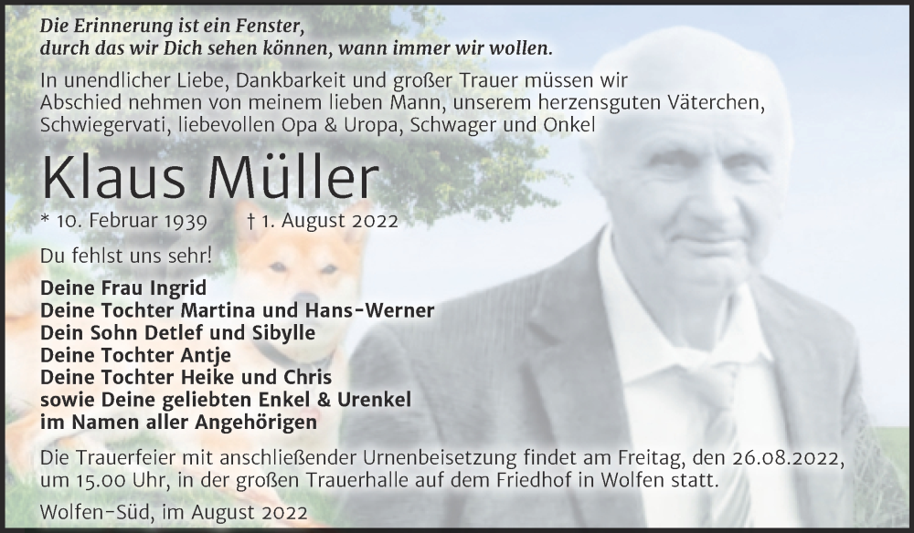  Traueranzeige für Klaus Müller vom 13.08.2022 aus Trauerkombi Bitterfeld