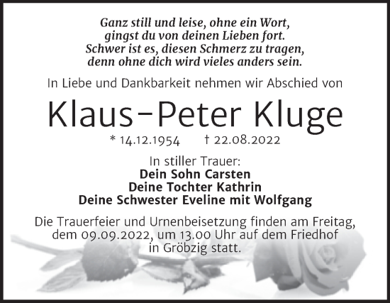 Traueranzeige von Klaus-Peter Kluge von Trauerkombi Köthen