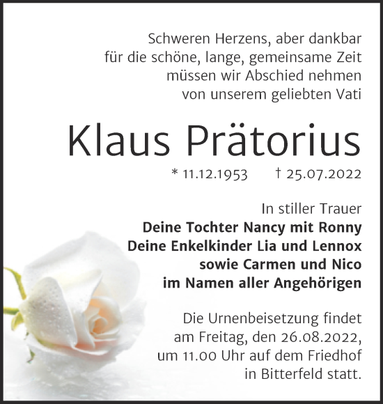 Traueranzeige von Klaus Prätorius von Trauerkombi Bitterfeld