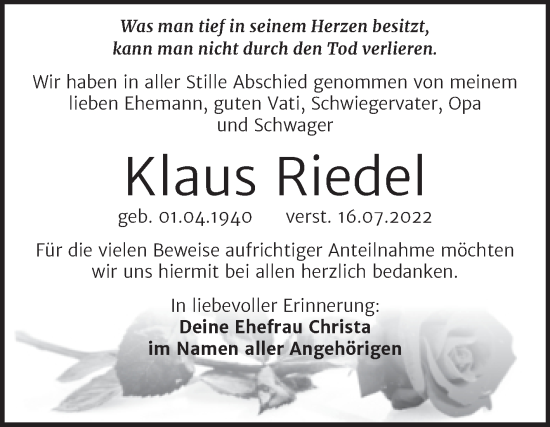 Traueranzeige von Klaus Riedel von Trauerkombi Weißenfels