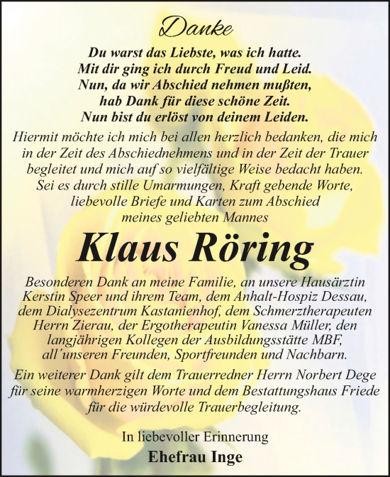 Traueranzeige von Klaus Röring von Trauerkombi Dessau
