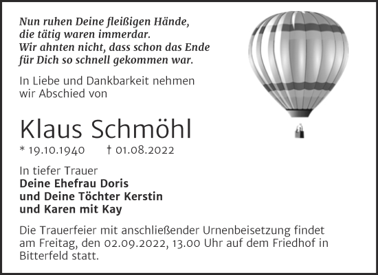 Traueranzeige von Klaus Schmöhl von Trauerkombi Bitterfeld