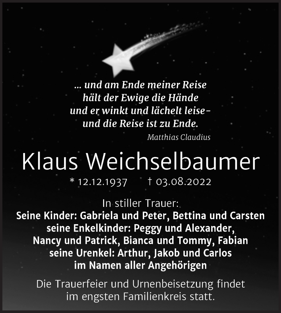  Traueranzeige für Klaus Weichselbaumer vom 13.08.2022 aus Mitteldeutsche Zeitung Halle/Saalkreis