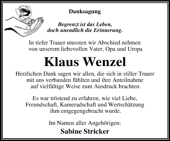 Traueranzeige von Klaus Wenzel von Super Sonntag Wittenberg