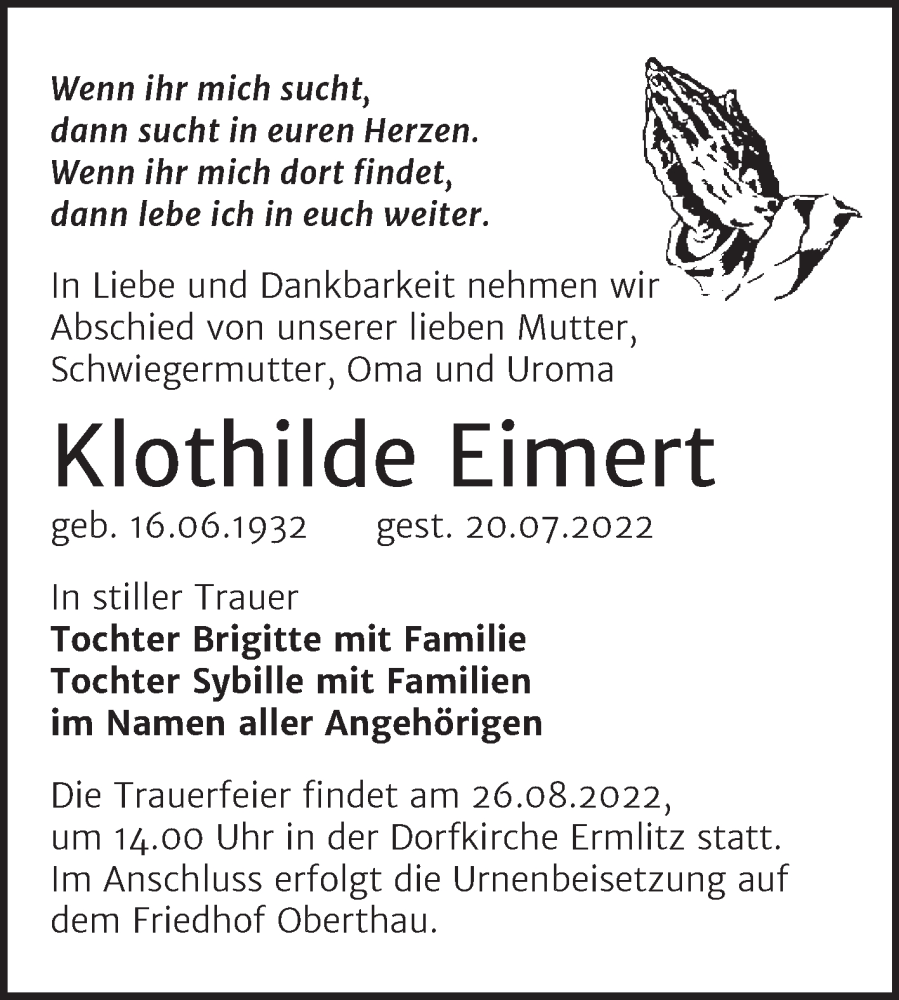  Traueranzeige für Klothilde Eimert vom 13.08.2022 aus Mitteldeutsche Zeitung Merseburg/Querfurt