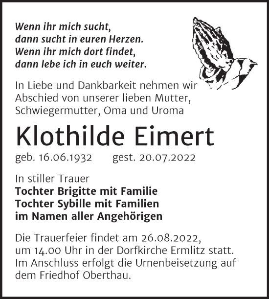Traueranzeige von Klothilde Eimert von Mitteldeutsche Zeitung Merseburg/Querfurt