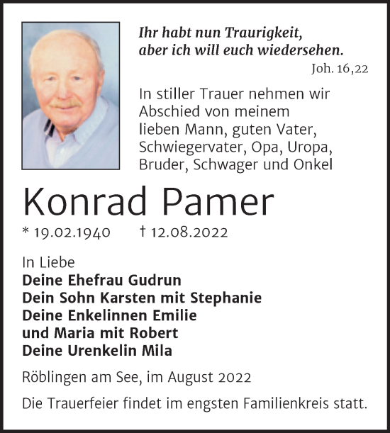 Traueranzeige von Konrad Pamer von Trauerkombi Mansfelder Land