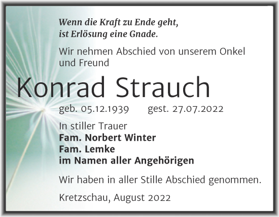 Traueranzeige von Konrad Strauch von Trauerkombi Zeitz