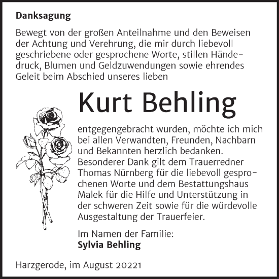 Traueranzeige von Kurt Behling von Trauerkombi Quedlinburg
