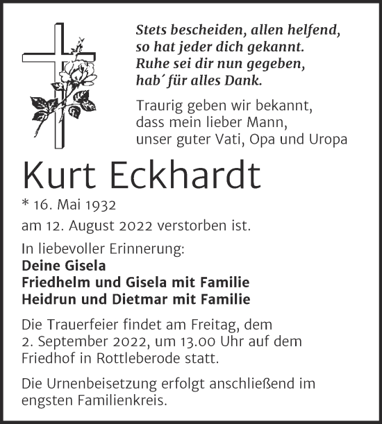 Traueranzeige von Kurt Eckhardt von Trauerkombi Sangerhausen