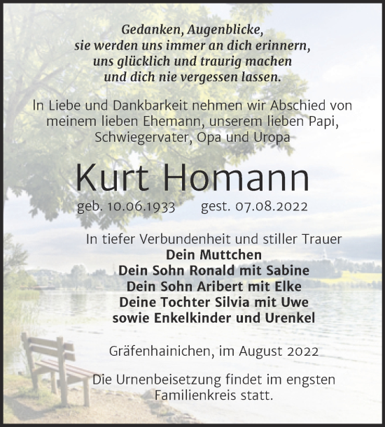Traueranzeige von Kurt Homann von Super Sonntag Wittenberg