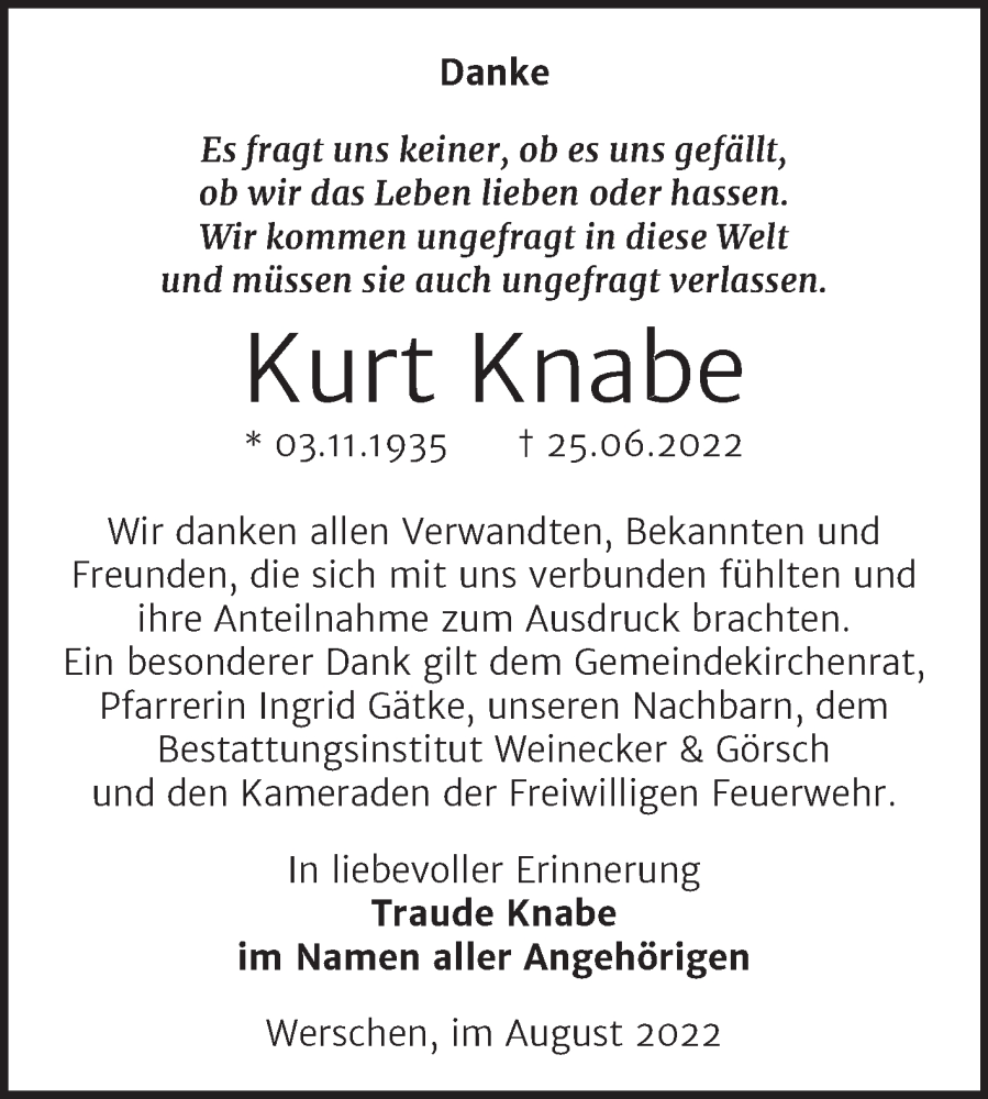  Traueranzeige für Kurt Knabe vom 13.08.2022 aus Trauerkombi Weißenfels