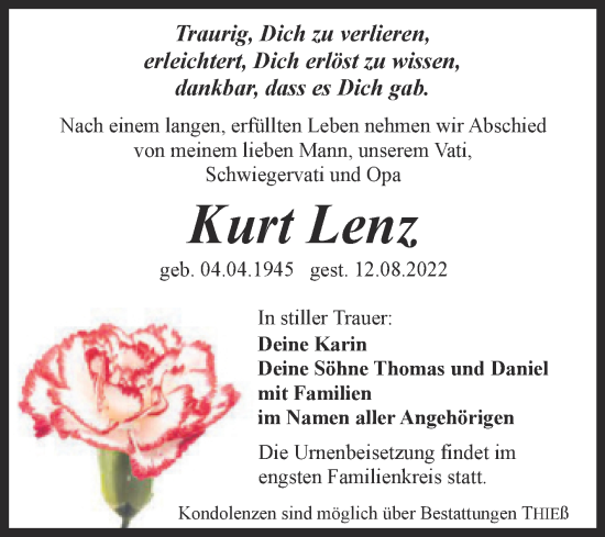Traueranzeige von Kurt Lenz von Trauerkombi Quedlinburg