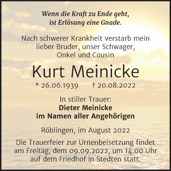 Traueranzeige von Kurt Meinicke von Trauerkombi Mansfelder Land