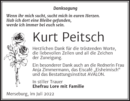 Traueranzeige von Kurt Peitsch von Trauerkombi Merseburg