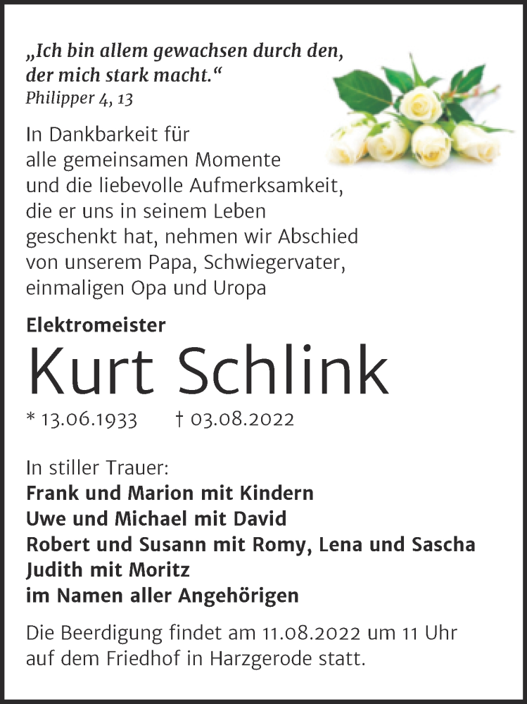  Traueranzeige für Kurt Schlink vom 06.08.2022 aus Trauerkombi Quedlinburg