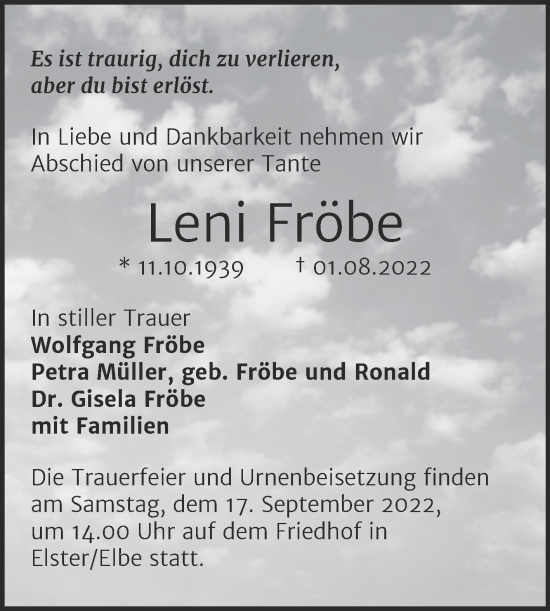 Traueranzeige von Leni Fröbe von Trauerkombi Wittenberg