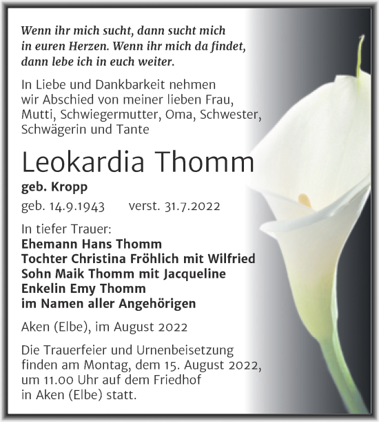 Traueranzeige von Leokardia Thomm von Trauerkombi Köthen