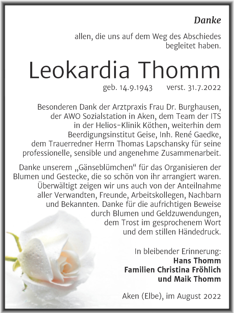  Traueranzeige für Leokardia Thomm vom 27.08.2022 aus Trauerkombi Köthen