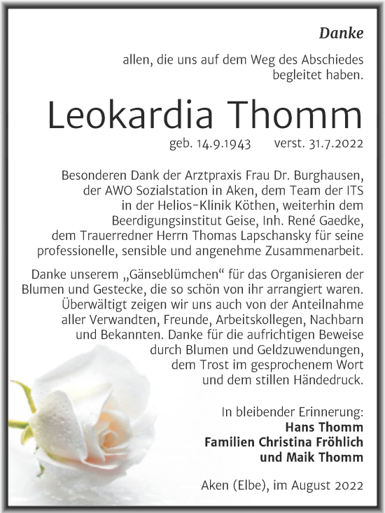 Traueranzeige von Leokardia Thomm von Trauerkombi Köthen