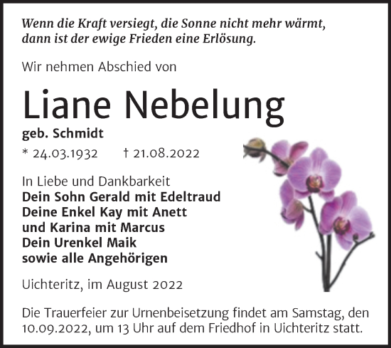 Traueranzeige von Liane Nebelung von Trauerkombi Weißenfels