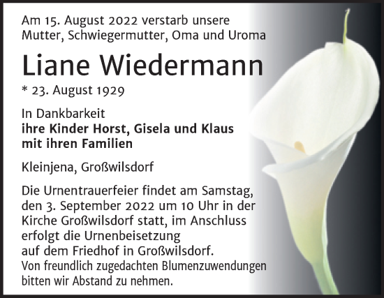 Traueranzeige von Liane Wiedermann von Wochenspiegel Naumburg/Nebra