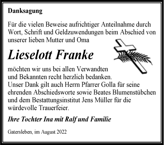 Traueranzeige von Lieselott Franke von Trauerkombi Aschersleben