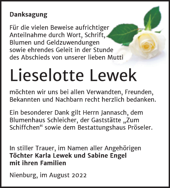 Traueranzeige von Lieselotte Lewek von Trauerkombi Bernburg