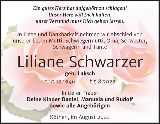 Traueranzeige von Liliane Schwarzer von Trauerkombi Köthen