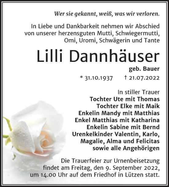 Traueranzeige von Lilli Dannhäuser von Trauerkombi Weißenfels