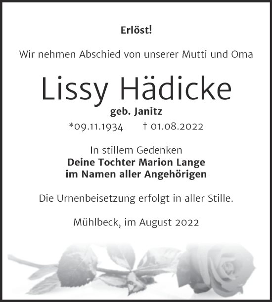 Traueranzeige von Lissy Hädicke von Trauerkombi Bitterfeld
