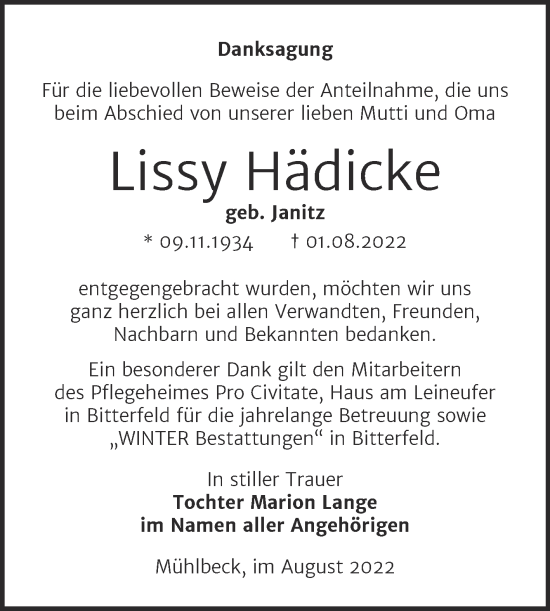 Traueranzeige von Lissy Hädicke von Trauerkombi Bitterfeld