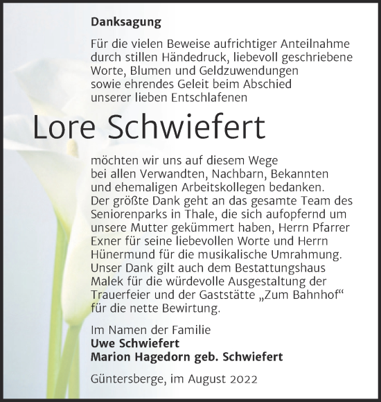 Traueranzeige von Lore Schwiefert von Trauerkombi Quedlinburg