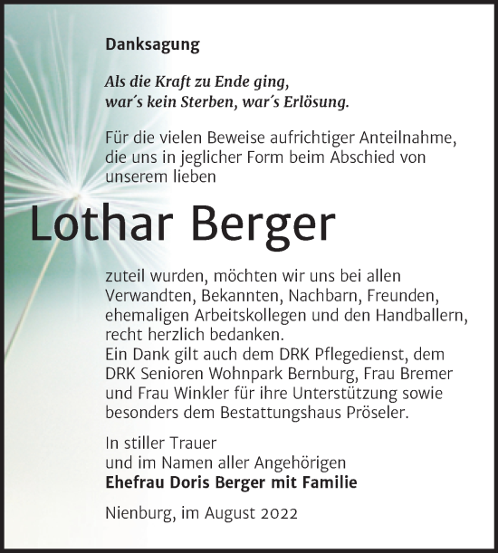 Traueranzeige von Lothar Berger von Trauerkombi Bernburg