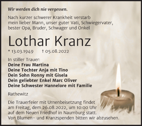 Traueranzeige von Lothar Kranz von Wochenspiegel Naumburg/Nebra