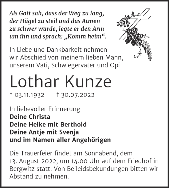 Traueranzeige von Lothar Kunze von Trauerkombi Wittenberg