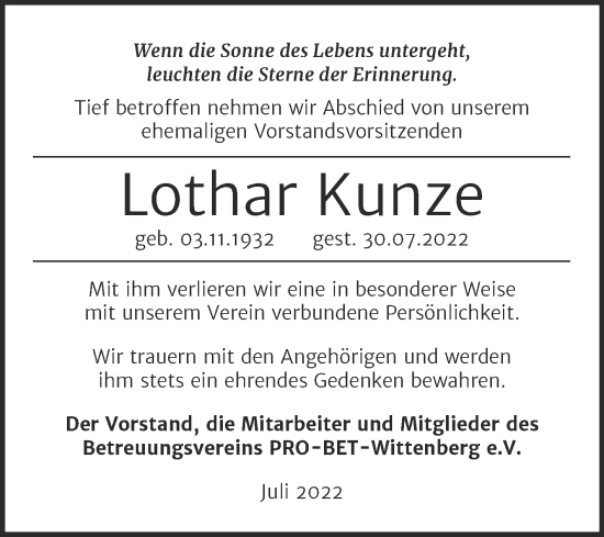 Traueranzeige von Lothar Kunze von Super Sonntag Wittenberg