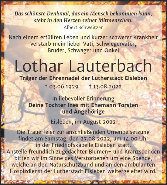 Traueranzeige von Lothar Lauterbach von Trauerkombi Mansfelder Land
