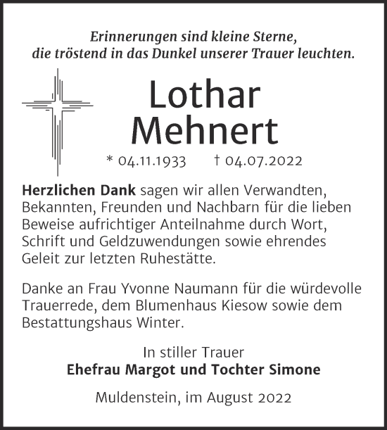 Traueranzeige von Lothar Mehnert von Trauerkombi Bitterfeld