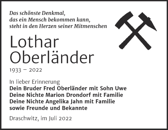Traueranzeige von Lothar Oberländer von Trauerkombi Zeitz