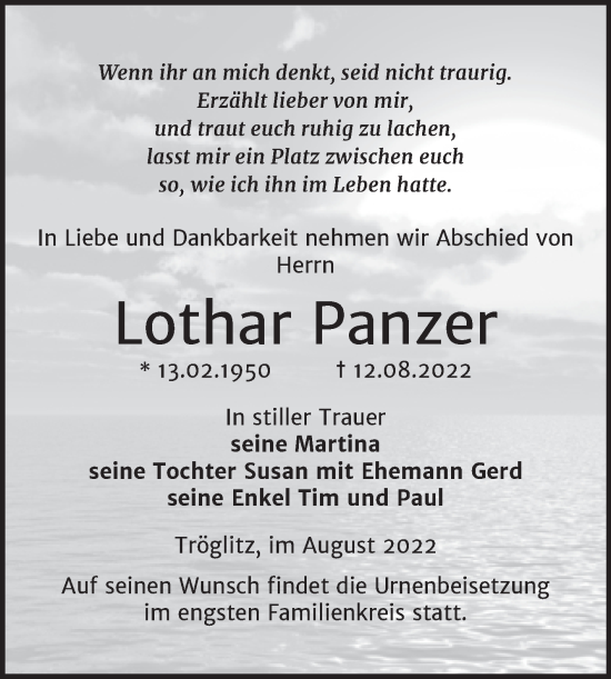 Traueranzeige von Lothar Panzer von Trauerkombi Zeitz