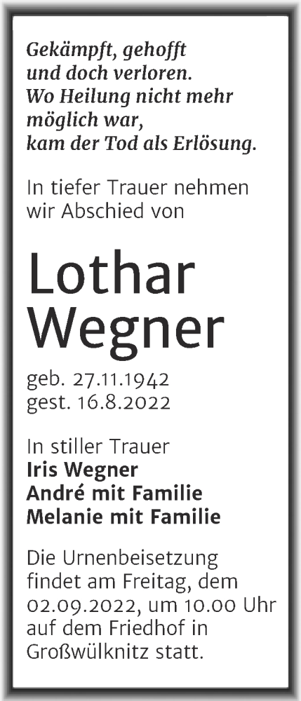  Traueranzeige für Lothar Wegner vom 19.08.2022 aus Trauerkombi Köthen