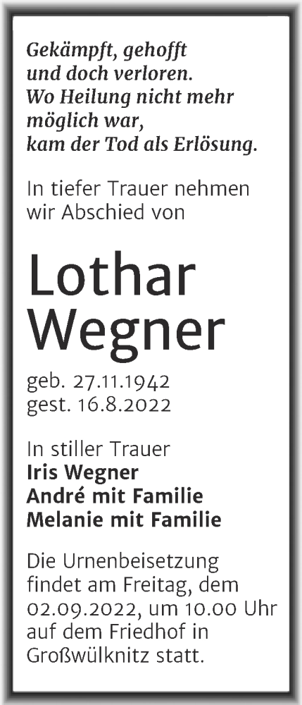 Traueranzeige von Lothar Wegner von Trauerkombi Köthen