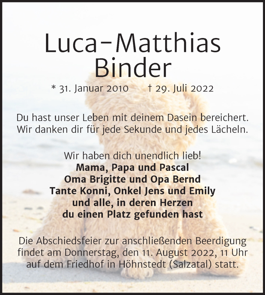  Traueranzeige für Luca-Matthias Binder vom 06.08.2022 aus Mitteldeutsche Zeitung Halle/Saalkreis