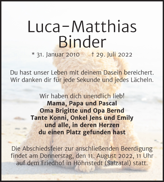 Traueranzeige von Luca-Matthias Binder von Mitteldeutsche Zeitung Halle/Saalkreis