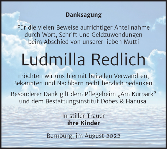 Traueranzeige von Ludmilla Redlich von Trauerkombi Bernburg