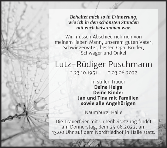 Traueranzeige von Lutz-Rüdiger Puschmann von Naumburger Tageblatt