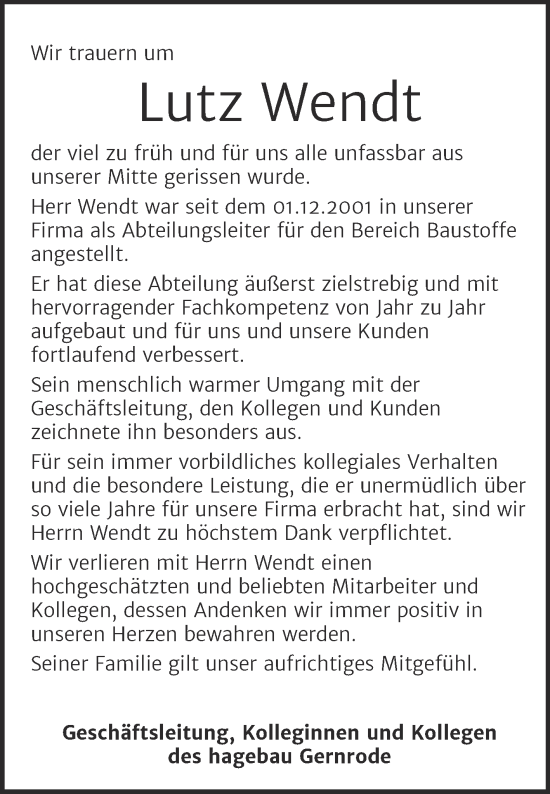 Traueranzeige von Lutz Wendt von Super Sonntag Quedlingburg