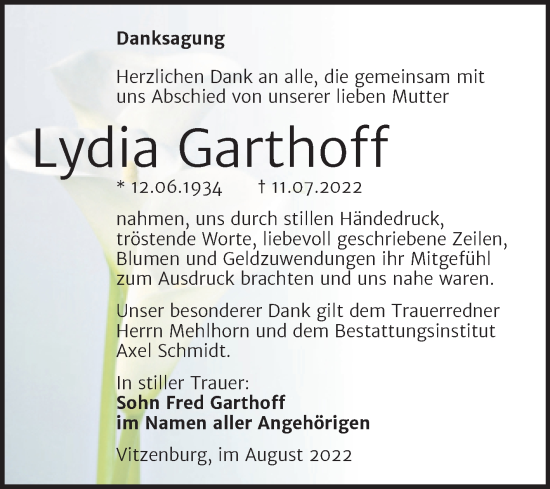 Traueranzeige von Lydia Garthoff von Trauerkombi Merseburg