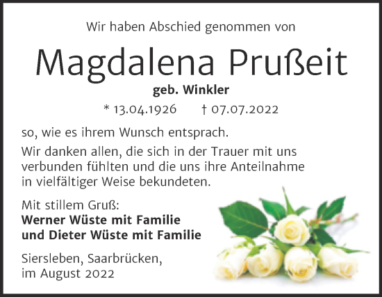 Traueranzeige von Magdalena Prußeit von Trauerkombi Mansfelder Land